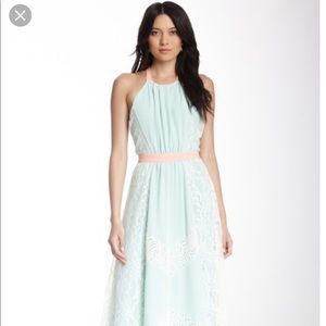 mint green maxi w/ coral accents and mixed lace